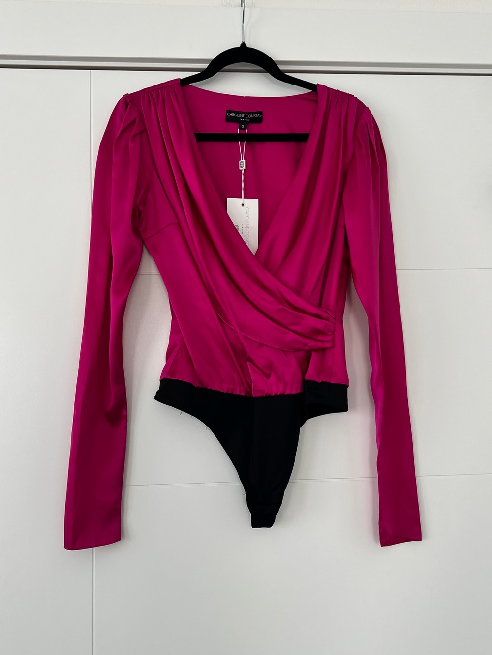 Caroline Constas Fuchsia and Black Wrap-Front Long-Sleeve Bodysuit
